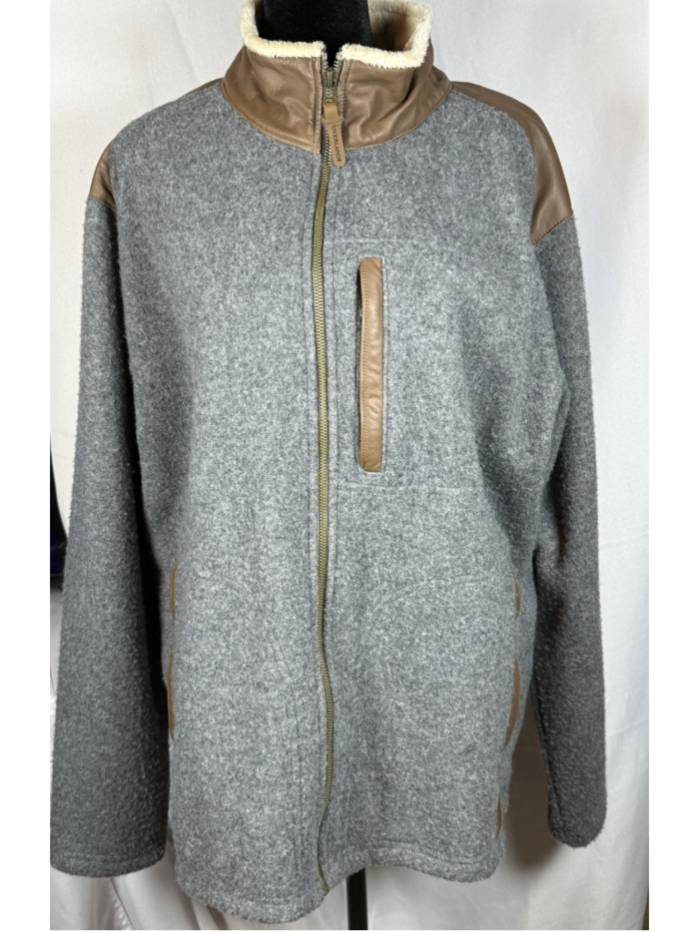 Overland Soft Sherpa Lined Wool Blend Jacket Brown Leather Trim Gray Mens XL EUC